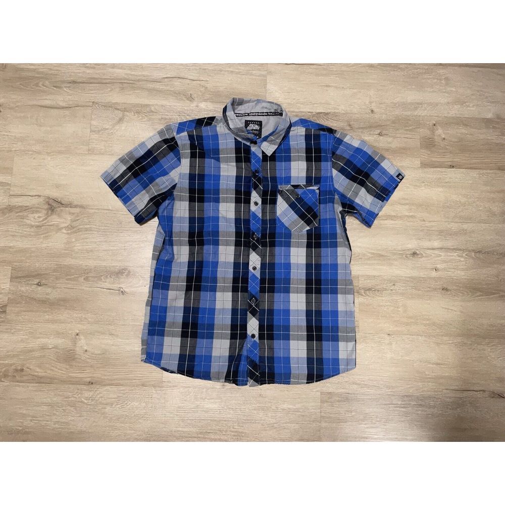 Men's Hart & Huntington Button Up Short Sleeve Blue Black Sz L Plaid Large Shirt